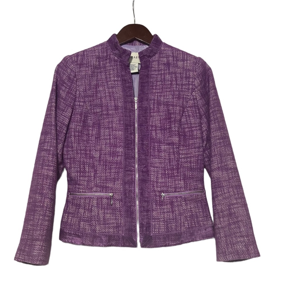 Doncaster Blazer Womens Linen Blend Business Collarless Purple Jacket